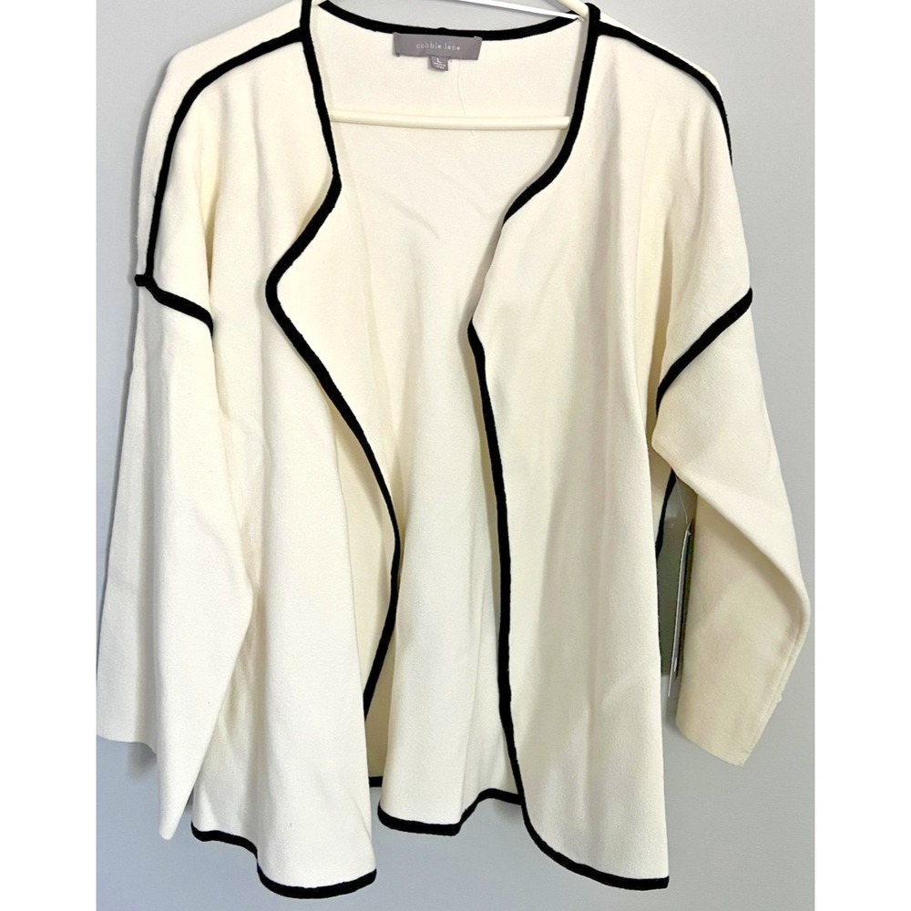 Cobble Lane Cardigan Sweater Womens Large White Black Trim Open Front Draped NWT